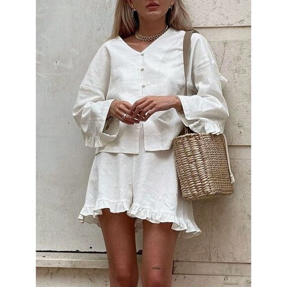 Commense Pure Cotton Ruffle Decor Shorts Set off white size M - Picture 3 of 5